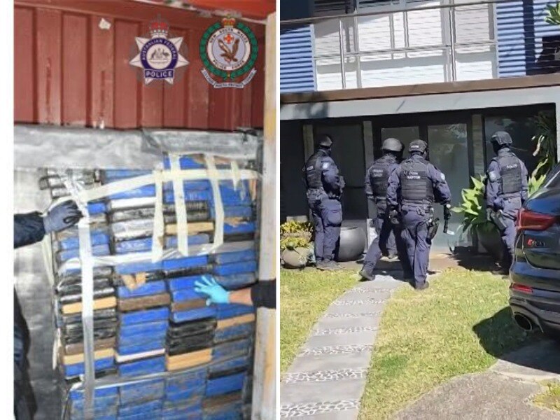 composite image of nsw police officers raiding a house and container of cocaine