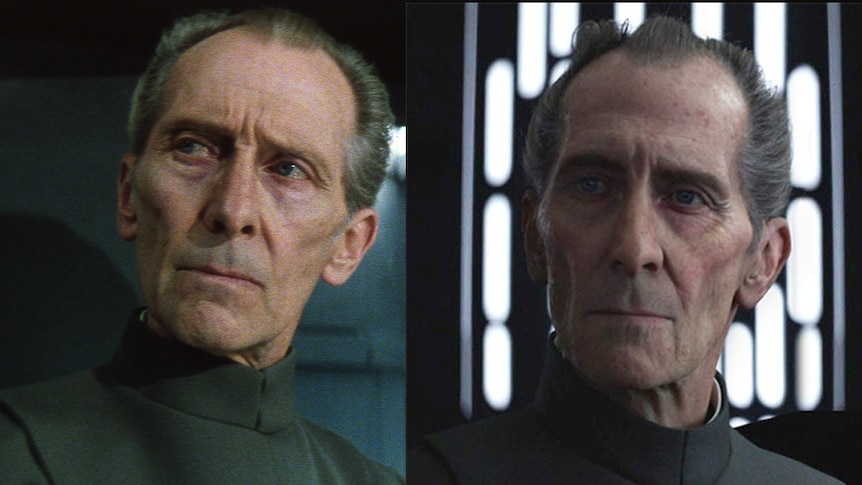 A composite of Peter Cushing playing Grand Moff Tarkin in Star Wars and a CGI imitation of his character.