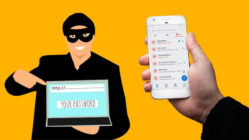 A canva imagine shows a criminal pointing to a laptop and a phone holding a mobile phone full of scam calls.