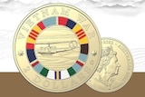 An Austrlain $2 coin has a picture of helicopter surrounded by bands of colour and the words "Vietnam war".