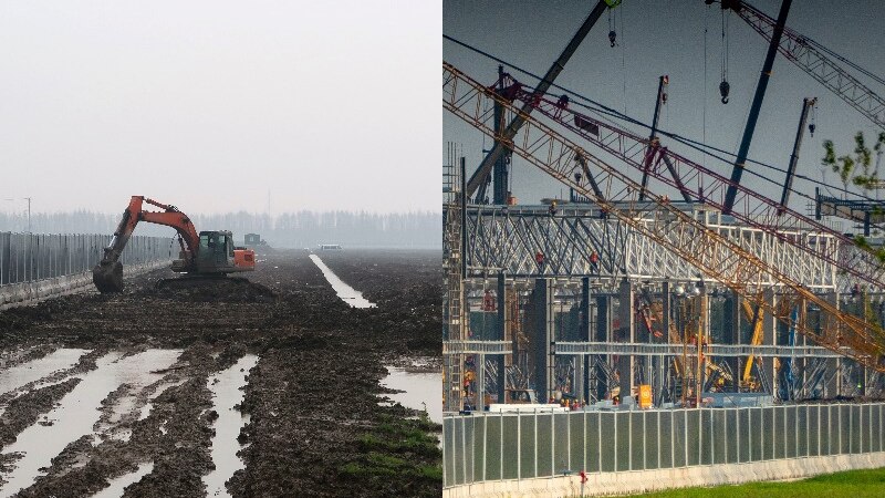 A composite image of a muddy field and a huge construction zone