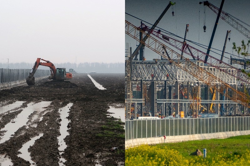 A composite image of a muddy field and a huge construction zone