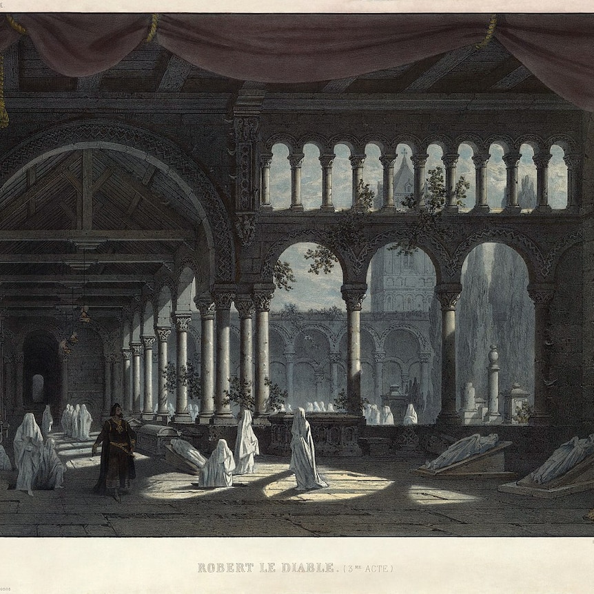 An illustration feature figures shrouded in white sheets amongst grand columns.