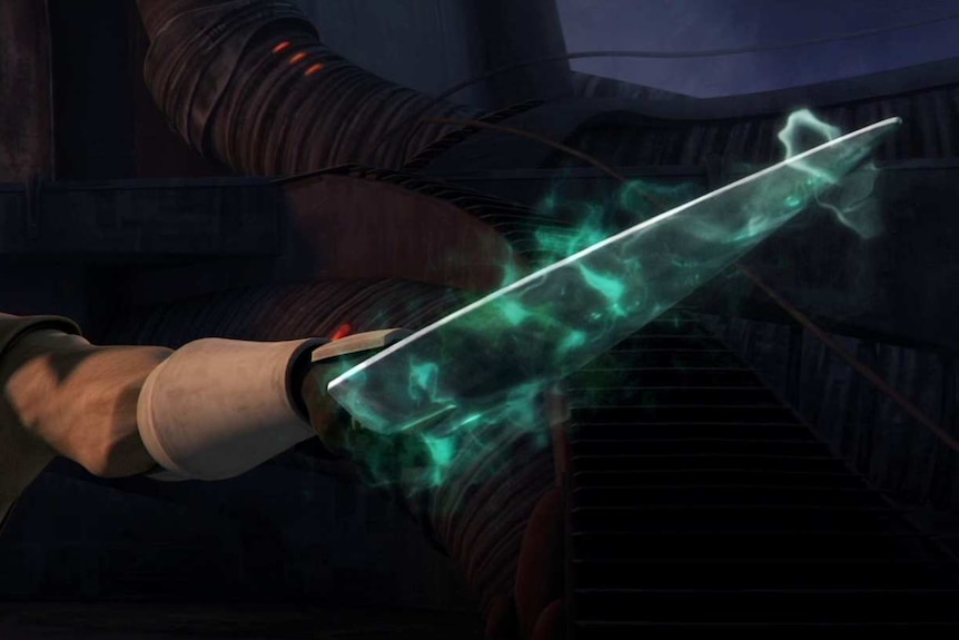 A still image of the Dagger of Mortis, as shown in the Clone Wars animated series held by Obi-Wan