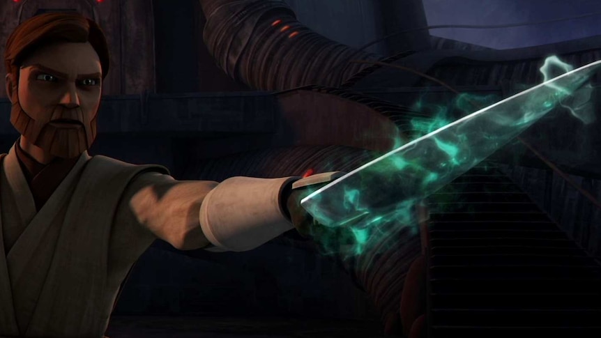 A still image of the Dagger of Mortis, as shown in the Clone Wars animated series held by Obi-Wan