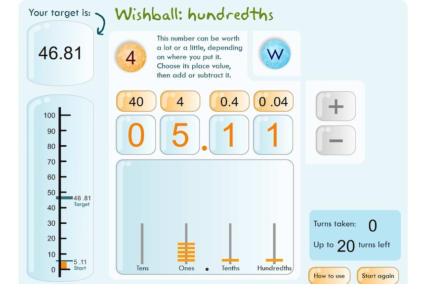A game showing a number scale and a target number. Students must add tens, ones or decimal values to reach the target number.