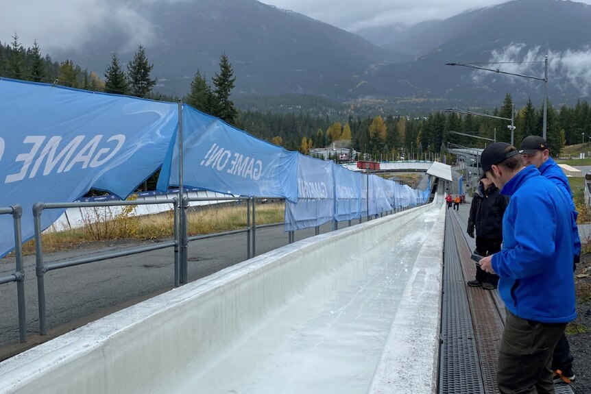 Bobsled track on a grey, misty day
