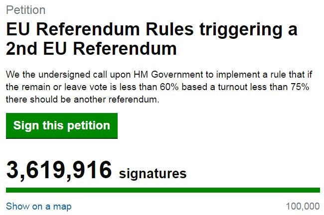 A petition calling for a second EU referendum with more than 3.6 million signatures.