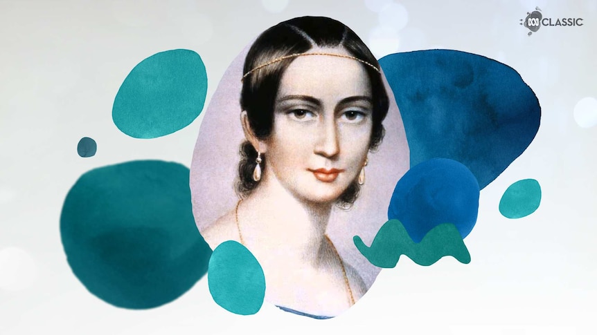 An image of composer Clara Schumann with stylised musical notation overlayed in tones of teal.