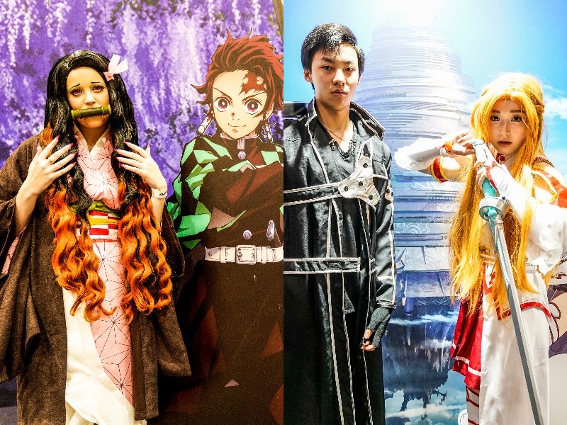 Three cosplayers in a composite photo with an anime character in between