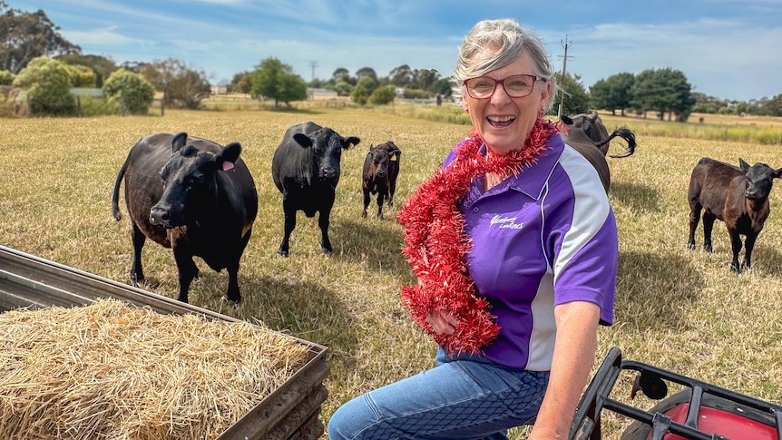 Sue smiles at the camera with tinsel around her neck, cows are in the background. 