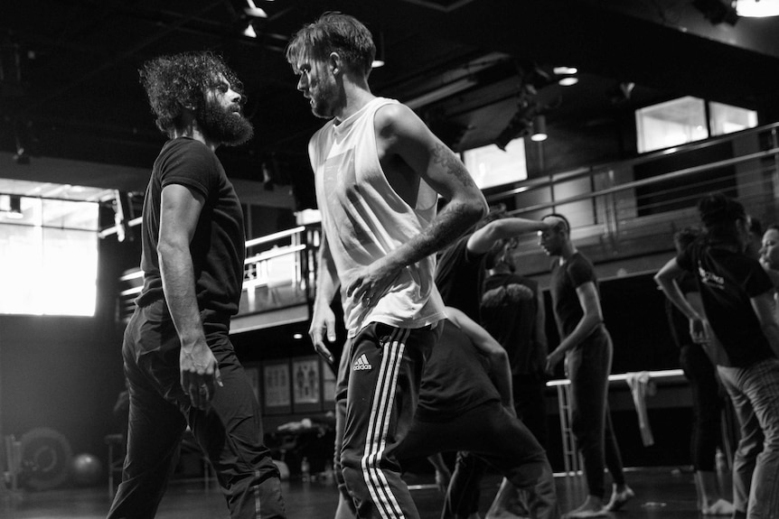 Beau Dean Riley Smith as Bennelong and Daniel Riley as Governor Phillip during rehearsals for Bennelong.