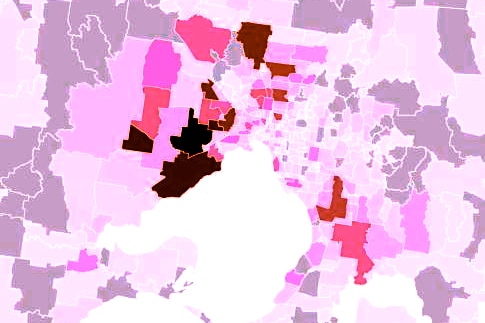 A map highlighting postcode areas around Melbourne in different shades of pink, purple and grey.