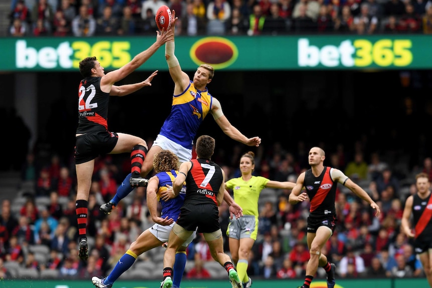 Essendon and West Coast at a centre bounce