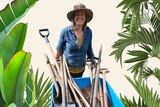 Gardening Australia presenter Millie Ross holds a wheelbarrow filled with garden tools like shovels, to make gardening easier.