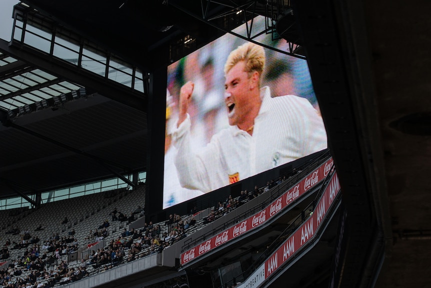 Shane Warne's image on screen at MCG