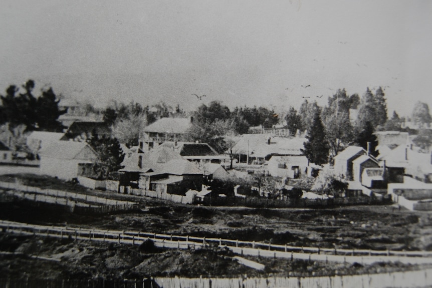 An old black and white photo of several houses in Stanley circa 1890.