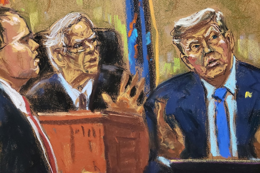 A drawing shows Donald Trump in the witness box, wearing a blue suit and blue tie. A white-haired judge is pictured next to him.