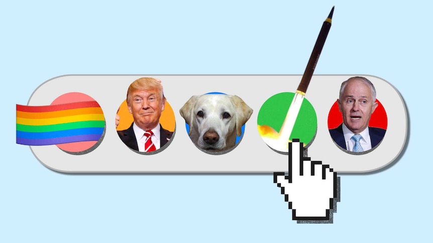 A recreation of the Facebook emotion selection toolbar showing Donald Trump and Malcolm Turnbull