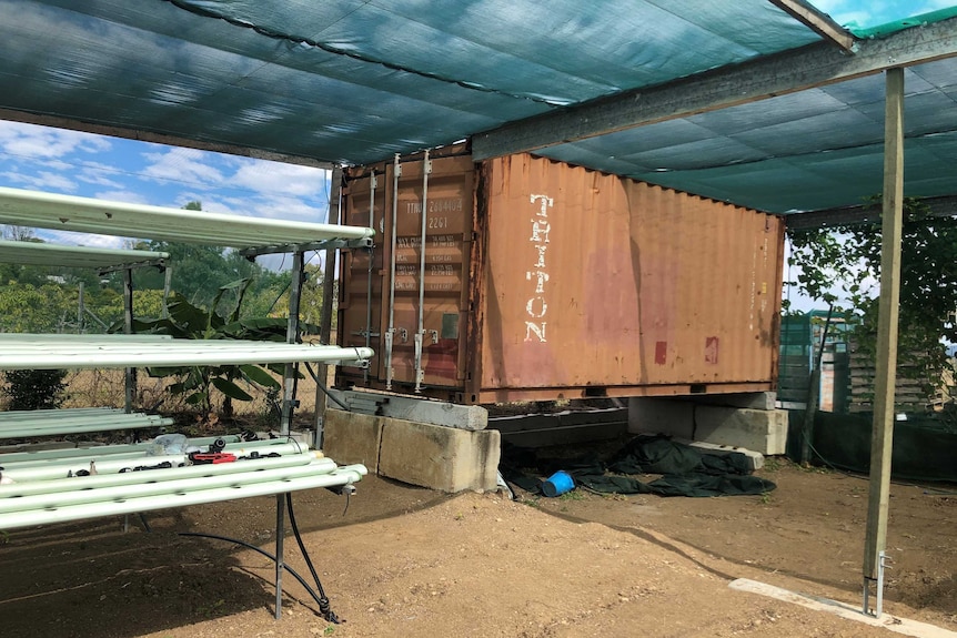 A shipping container on top of cement blocks works as makeshift post to support the roof of a shade house