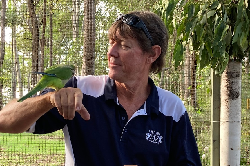 An image of a man outdoors surrounded by trees and leaves looking at a bird perched on his right hand