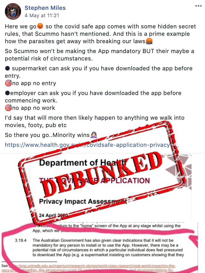 A Facebook post claiming businesses can pressure you into downloading COVIDSafe with a debunked stamp on top