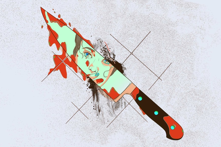 An illustration shows a woman's face reflected in the blade of a bloodied knife.