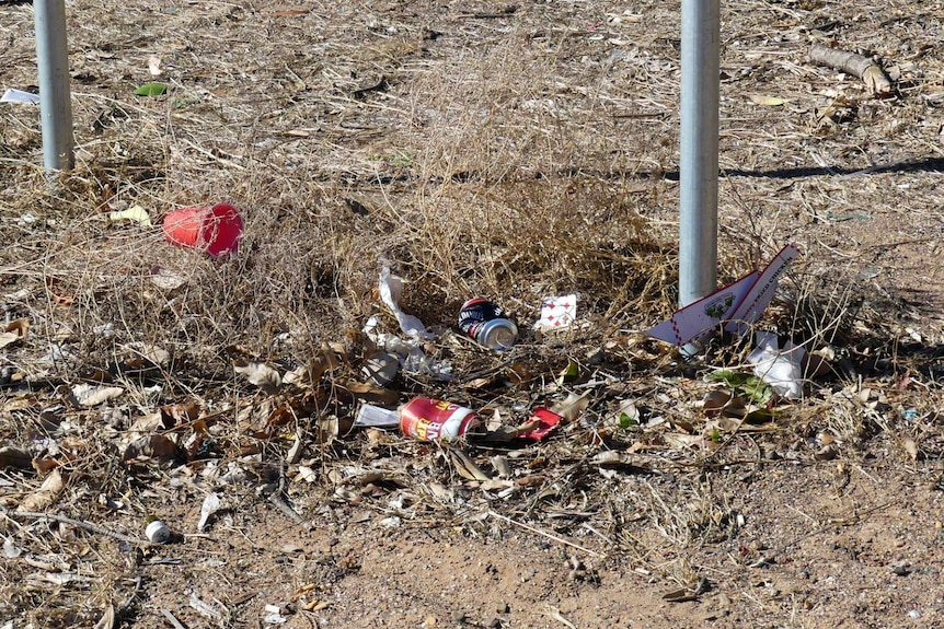 Close up of rubbish and playing cards on the verge