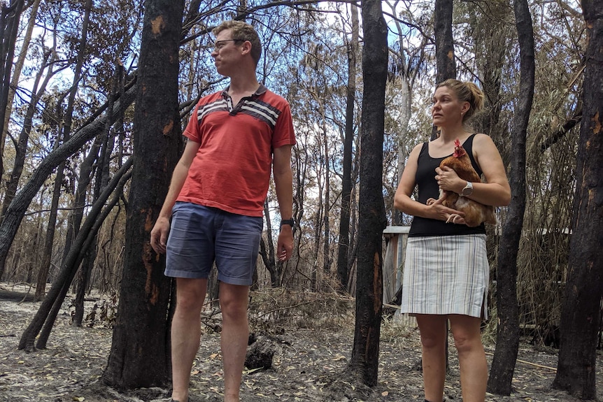 Andrew and Wendy O'Conner, Wendy holding a chicken, stand in burnt-out bush on their property after fires.