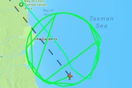 A screenshot of the flight path of an aircraft searching the waters around The Gardens in Tasmania