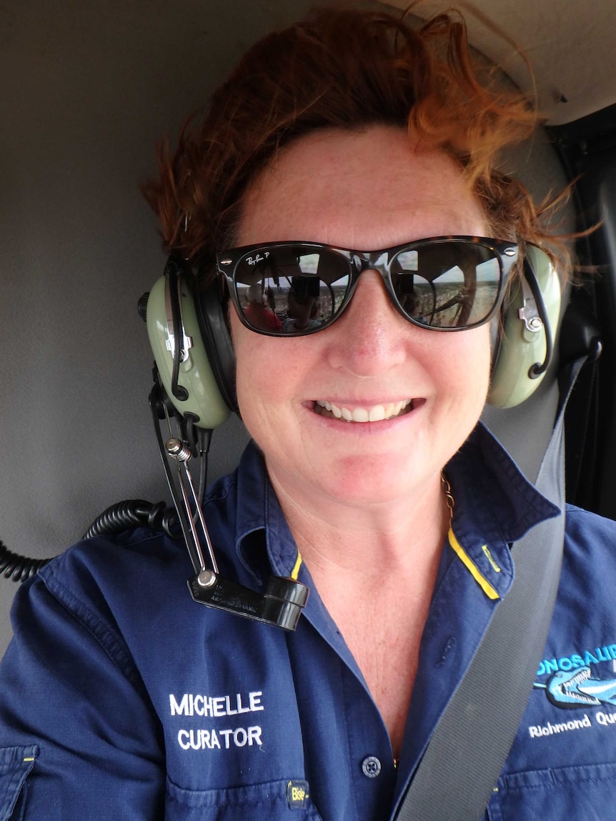A selfie of Michelle Johnston in a helicopter.