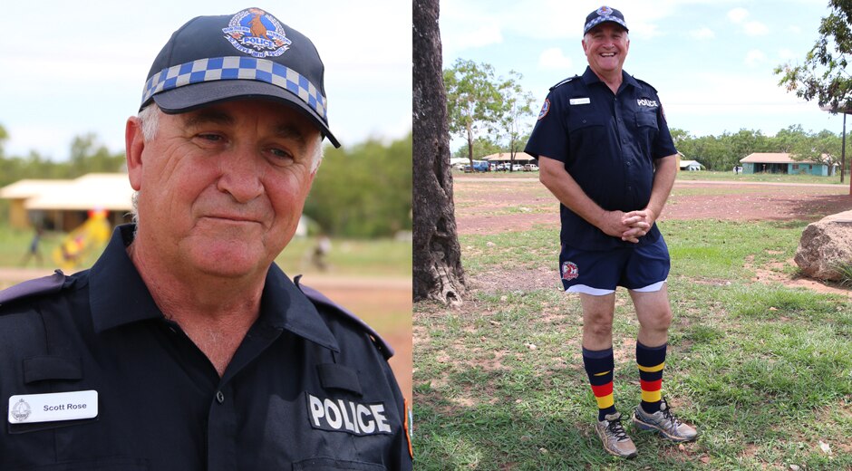 NT Police Sergeant Scott Rose prepares for media interviews in his Crows socks.