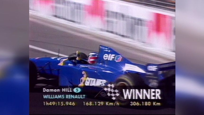 Archival vision of Damon Hill winning the Australian Grand Prix.