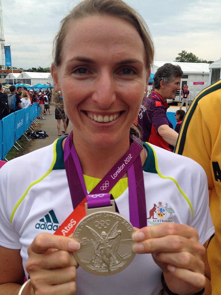 Tasmanian rower Kate Hornsey shows her Olympic silver rowing medal.