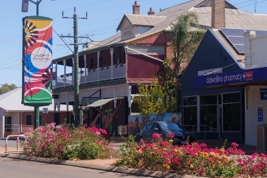A streetscape of a country town with flowers in the middle of the road and a historic country pub.