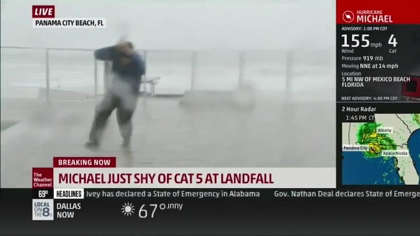 Weather presenter dodges flying debris while reporting on Hurricane Michael