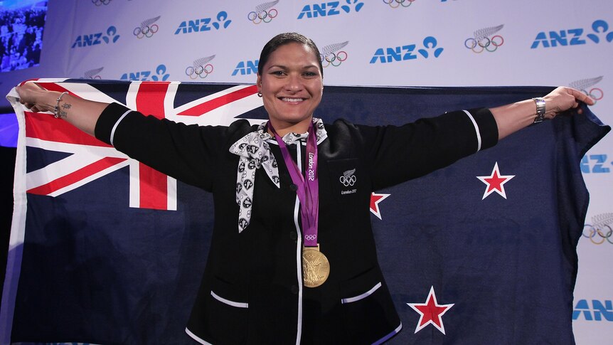 Better late than never ... Valerie Adams poses with her London gold medal