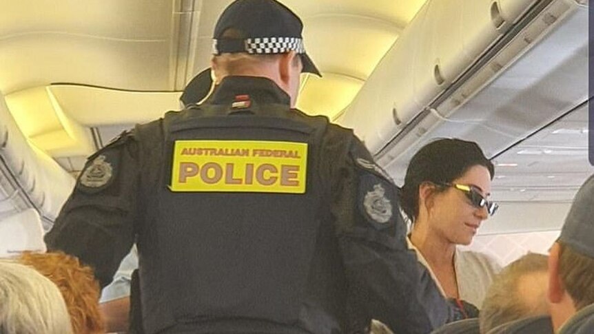 A police officer stands in the aisle of a packed flight.