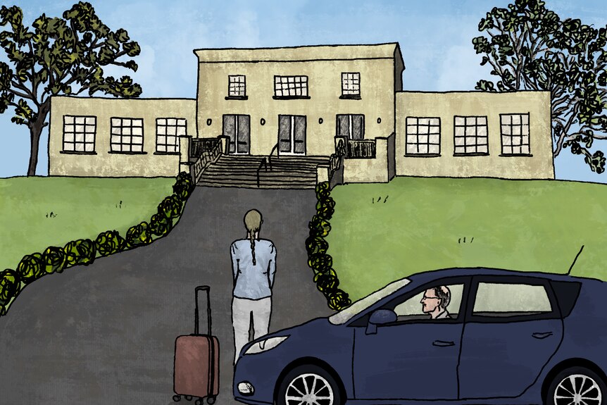 Illustration of a woman walking up a path to a rehab centre 