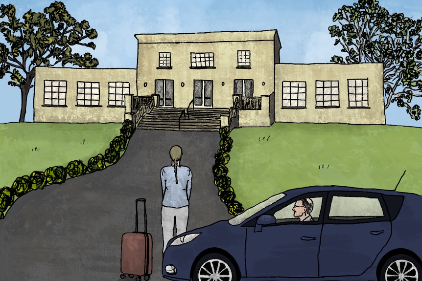 Illustration of a woman walking up a path to a rehab centre 