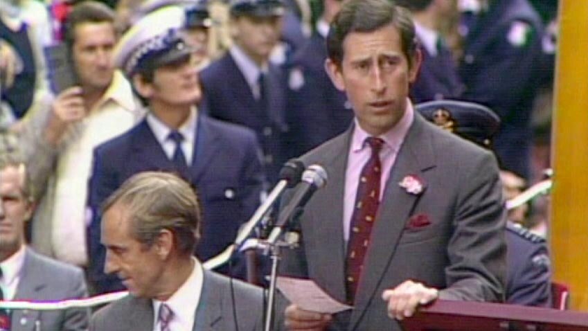 Prince Charles speaks at an event in Melbourne during the 1983 Royal tour of Australia.