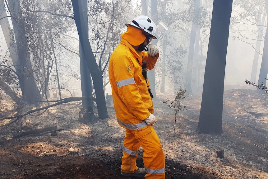 Firefighter wipes his mouth with his hand while looking at the burnt trees and smoke-filled air
