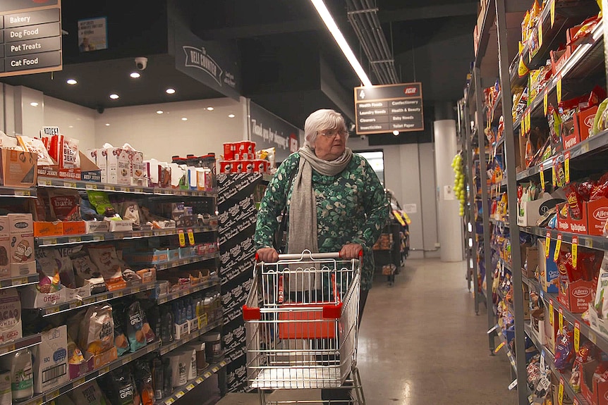 A woman pushes a shopping trolley in a supermarket.