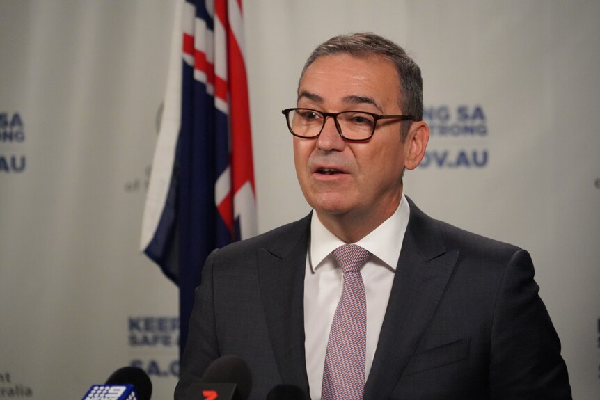 Premier Steven Marshall standing in front of an Australian flag addresses the media