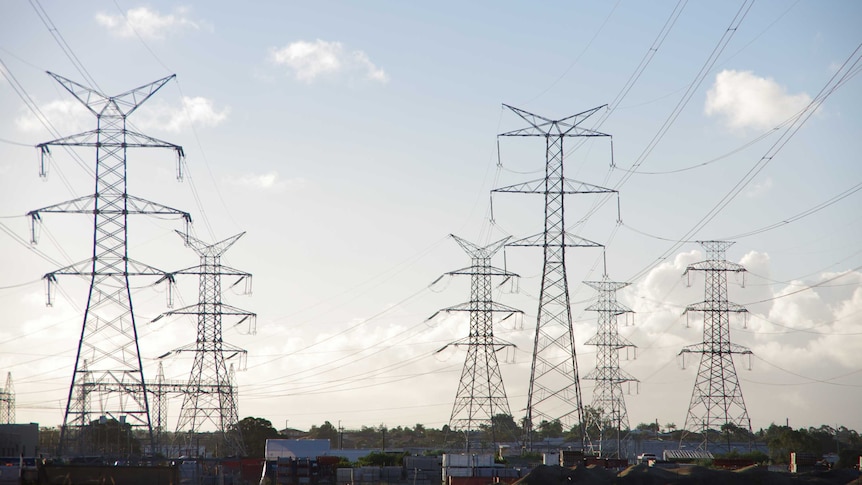 Transmission towers rise into the sky over some buildings and trees