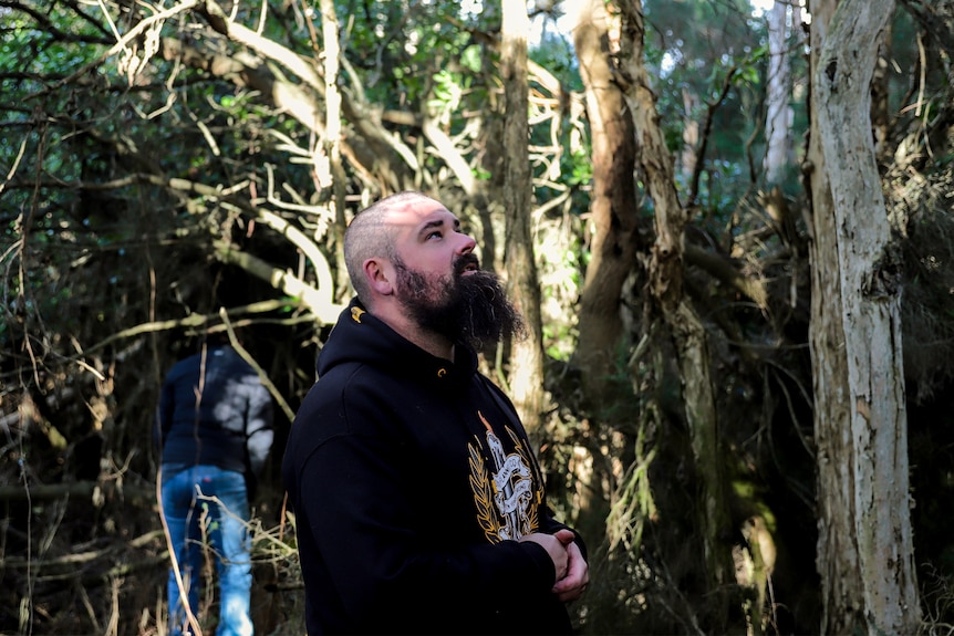 Man with shaved head and beard wearing black hoodie stands amid sun dappled trees