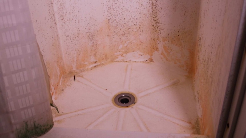 Inside a mouldy, filthy shower in the detention centre