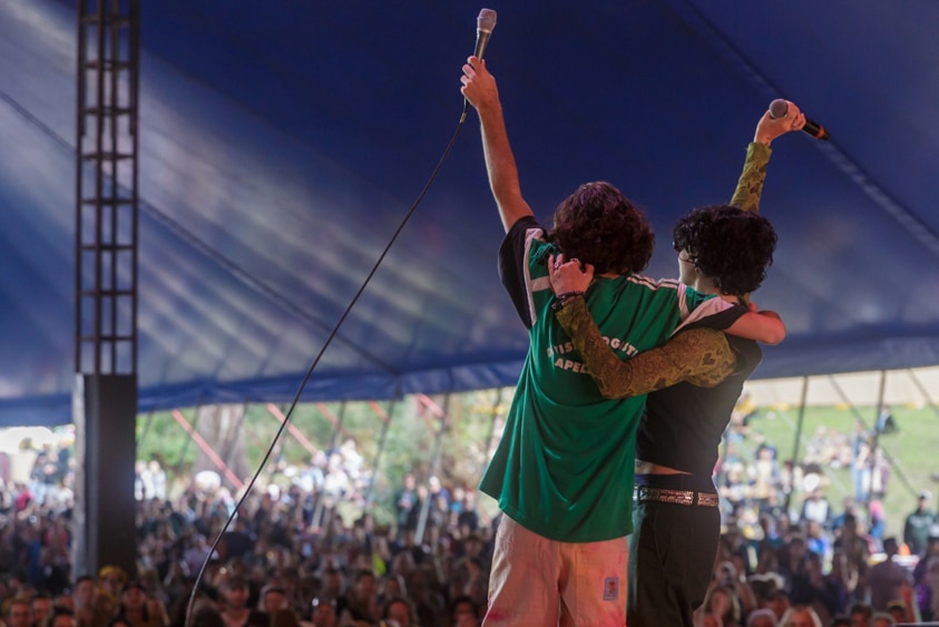 Budjerah and MAY-A hugging at Splendour In The Grass 2022, Sat 23 July
