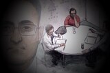 A sketch of a man in a red shirt speaking to two men in white shirts around a round table, with a headshot of a man in glasses