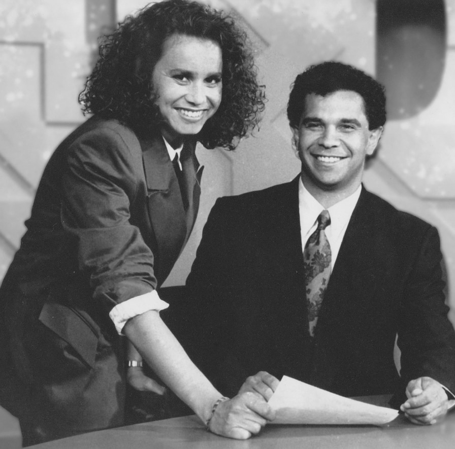 Rhoda Roberts and Michael Johnson sat at the TV desk. 